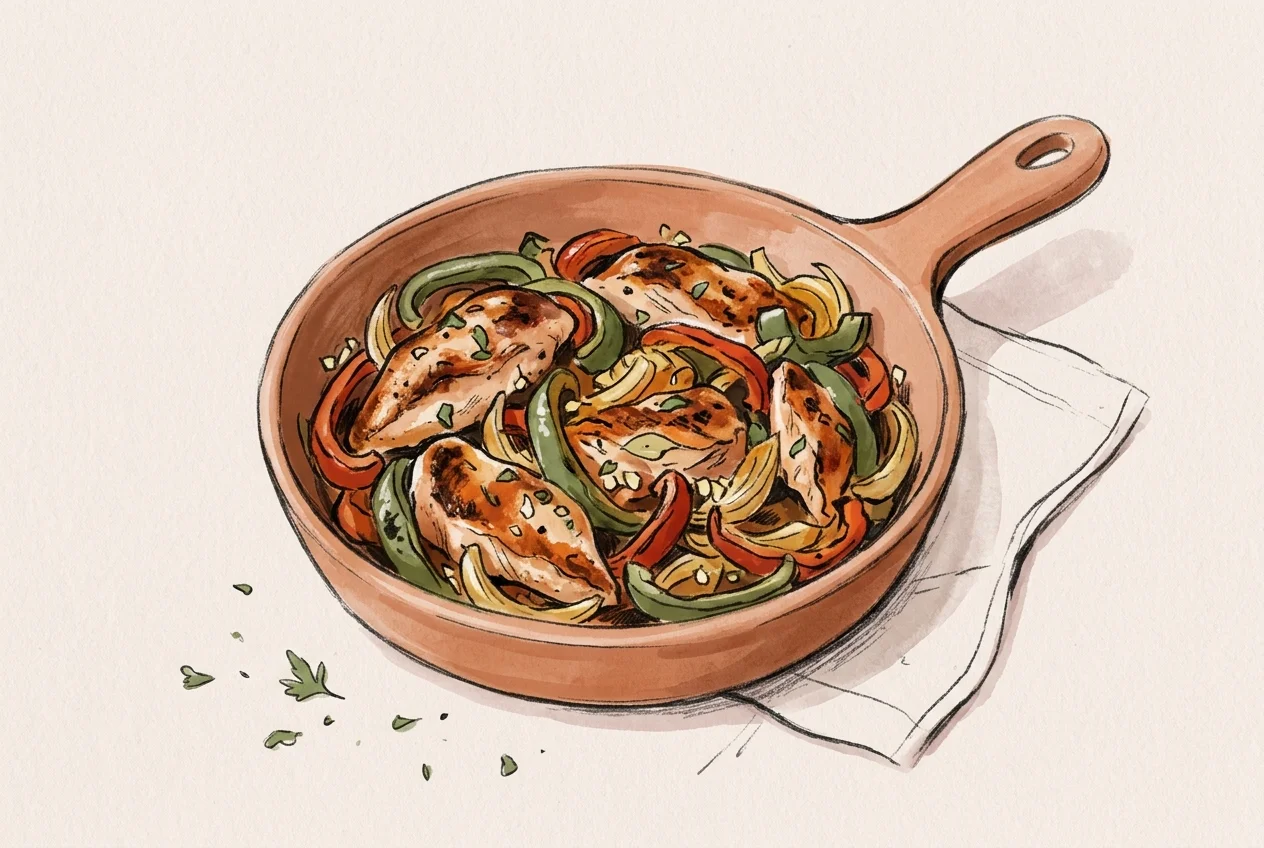 Seared chicken strips with charred red and green bell peppers and onions in a skillet, with warm flour tortillas and lime wedges beside it.