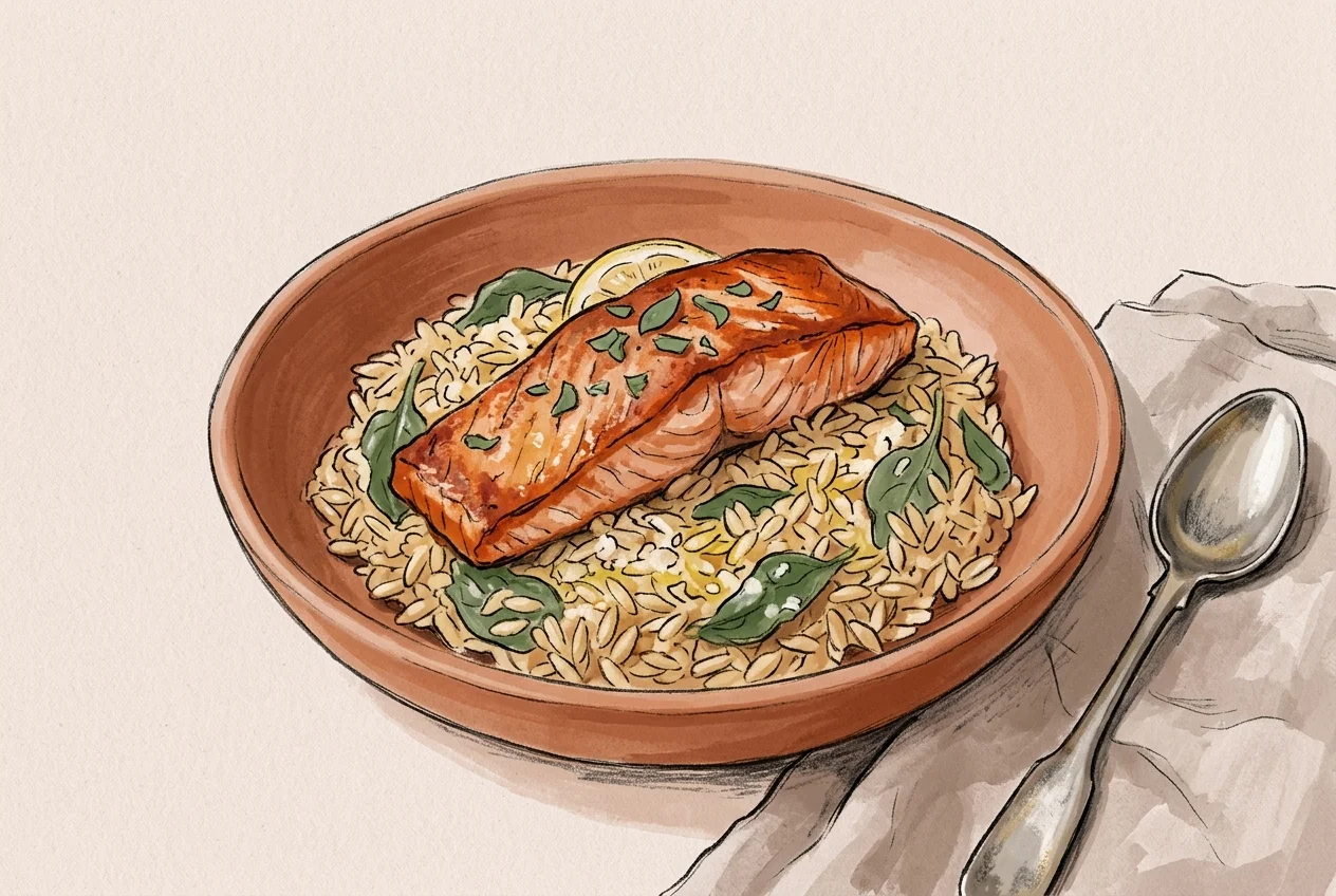 A browned skin-on salmon fillet, skin side up, on a plate of orzo flecked with wilted spinach and grated parmesan.